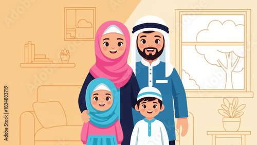 Portrait of Happy Muslim Family Together at Home in Cartoon Style