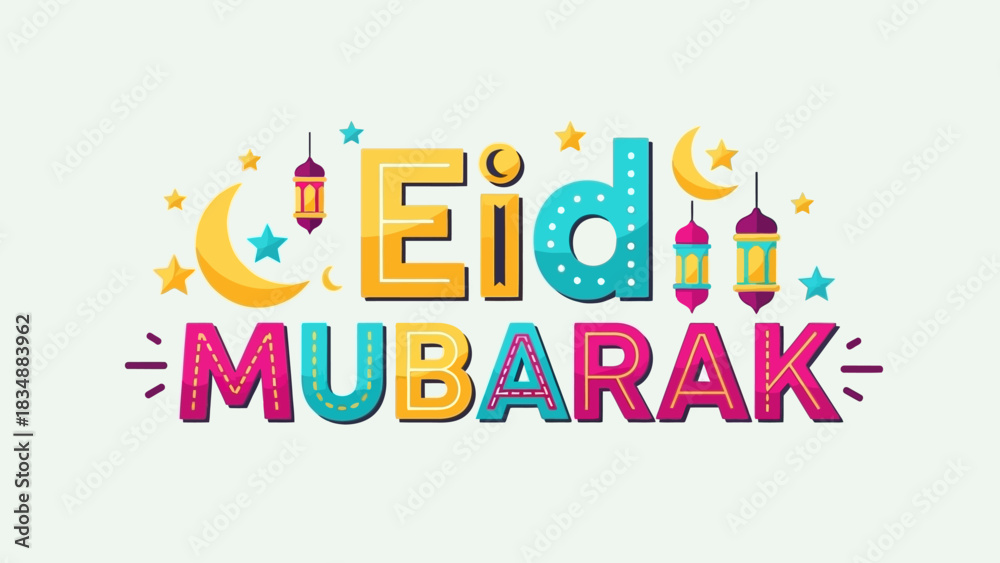 Fototapeta premium Colorful Eid Mubarak lettering design for Islamic holiday greeting card with crescent moons, stars, and lanterns