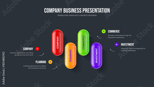 Visual Profile Four Option Infographic Frame Template. Creative Solution Slideshow Design Vector Illustration. Company Briefing 4 Element Diagram Slide Layout.