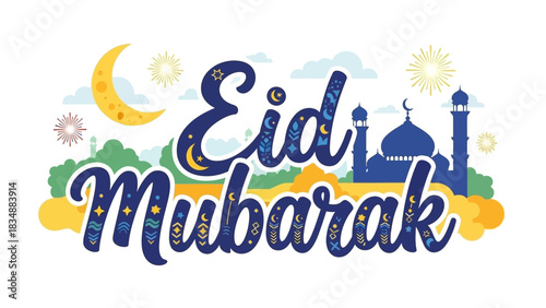 Eid Mubarak Celebration A Festive Islamic Greeting with Crescent Moon and Mosque Elements