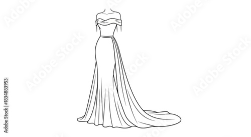 Elegant off-the-shoulder gown sketch with cascading train offering sophisticated style