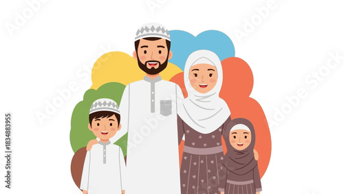 Happy Muslim family portrait with parents and two children in traditional Islamic clothing vector illustration