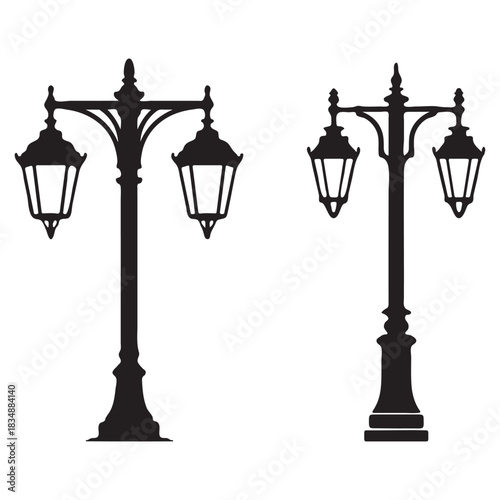 Two vintage street lamps in silhouette lamppost retro