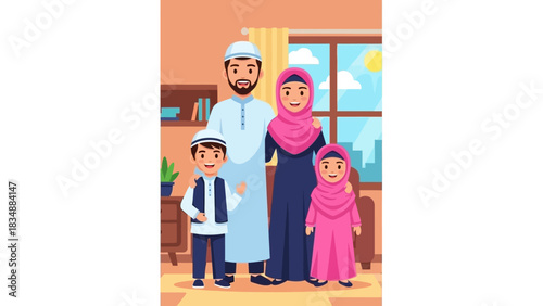 A joyous Muslim family of four posing together for a happy portrait in their home, vector illustration