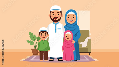 Happy Muslim Family Posing Together in Cozy Living Room