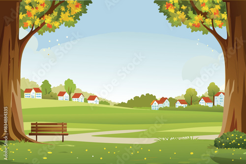 a peaceful park landscape with trees a bench and cozy houses beyond
