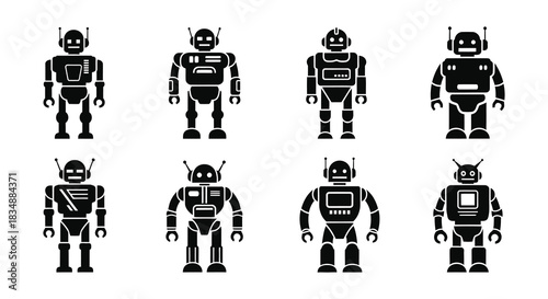 A collection of diverse black and white robot icons in a grid arrangement