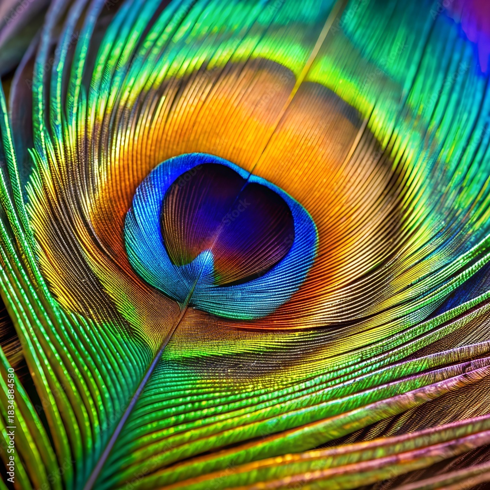 Obraz premium Macro close up of a vibrant, iridescent peacock feather eye spot