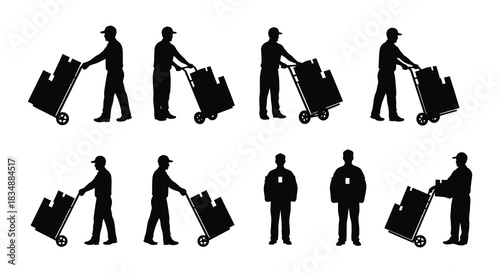 Silhouettes of people carrying parcels and luggage with hand trucks