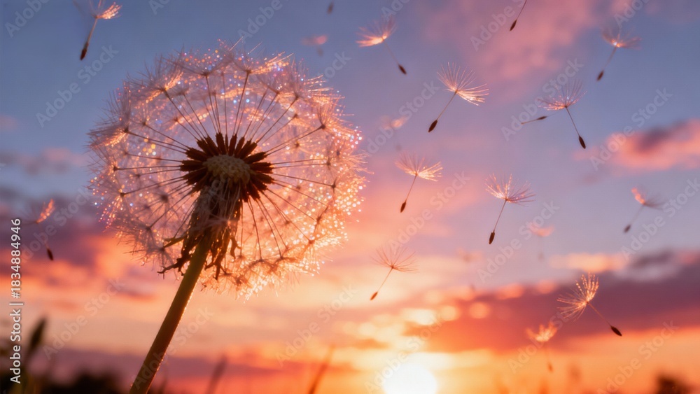 Naklejka premium Dandelion seed head dispersing at sunset with vibrant sky colors