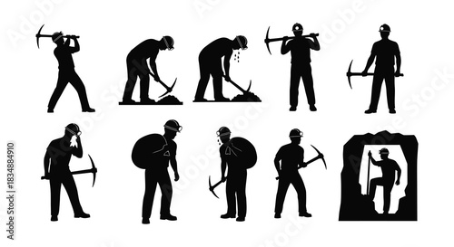 Silhouettes of miners working with various tools in a dark setting