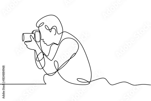 Single line drawing of a person crouching and holding a camera, capturing a moment, isolated subject, creative art style, photography hobbyist