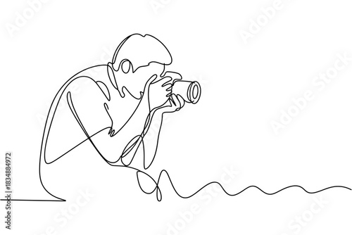 One line continuous drawing of a photographer taking a photo with a camera, minimalist art style on white background, capturing moment