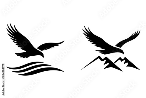Two silhouette eagle icons flying over water waves and majestic mountain peaks isolated on white background, symbolizing freedom and nature