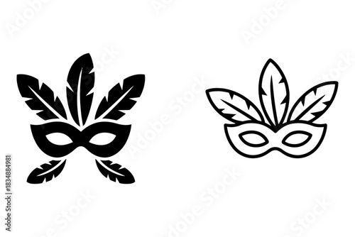 Elegant carnival mask with feathers, solid fill and outline versions for festive events, masquerade, and celebrations, vector graphic icon set.