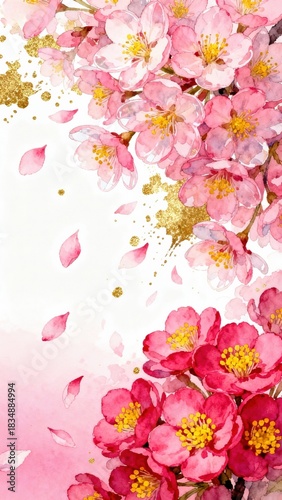 Watercolor illustration of pink cherry blossoms with golden accents and falling petals on a soft gradient background