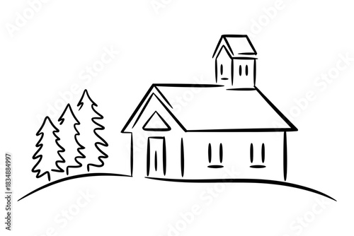 Simple hand-drawn line art of a small church building with a steeple, situated on a hill next to stylized evergreen trees, isolated on white background.