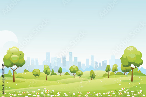 A serene landscape featuring green fields trees and a distant city skyline