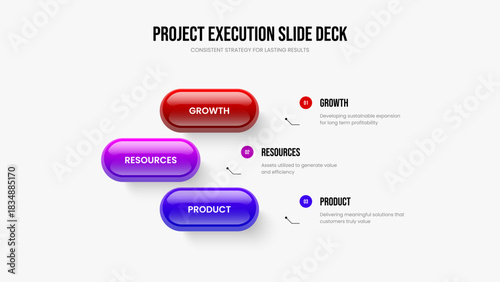 Visual Planning 3 Element Diagram Slideshow Template. Investor Introduction Three Step Infographic Frame Design. Consulting Performance Slide Layout Vector Illustration.