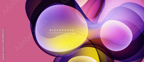 Abstract composition featuring overlapping circles, vibrant gradients. Pink background complements purple, yellow hues. Modern design element.