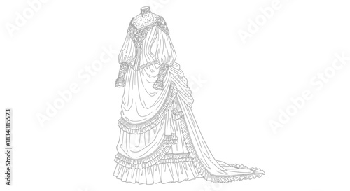 Detailed line art illustration of a sophisticated Victorian era gown design draft