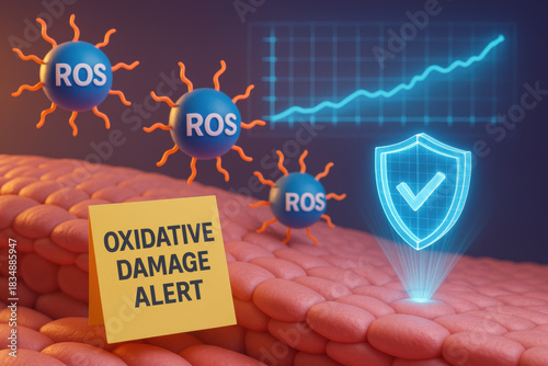 Oxidative stress alert with ROS particle attack on cellular tissue causing damage. futuristic hologram antioxidant shield offers protection from this serious health threat