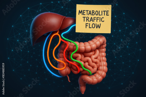Biology map of liver and gut showing metabolite traffic flow. This conceptual routing pathway and network illustrates complex scientific communication between human organs