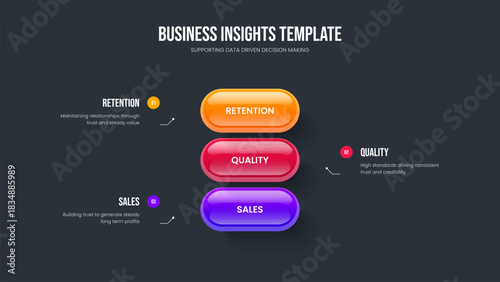 Creative Insight Three Step Infographic Slide Layout. Sales Performance 3 Element Diagram Presentation Template. Marketing Innovation Slideshow Design Vector Illustration.