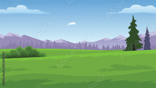 a serene landscape with green fields distant mountains and a bright blue