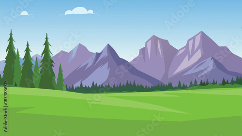 a peaceful landscape featuring distant purple mountains and lush green fields high quality