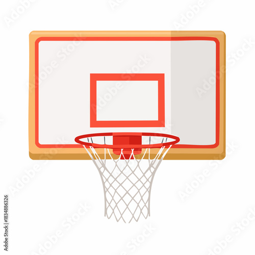 A vibrant illustration of a basketball hoop, featuring a white backboard with red trim and a net, isolated on a white background.
