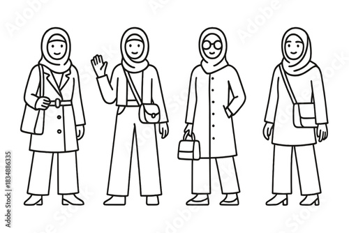 Diverse group of four stylish Muslim women wearing hijabs and contemporary modest clothing