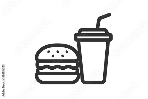 Minimalist black and white icon of a classic hamburger and soda combo meal