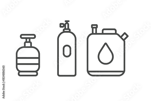 Set of containers for liquids and gases: pump bottle, pressurized cylinder, and fuel canister
