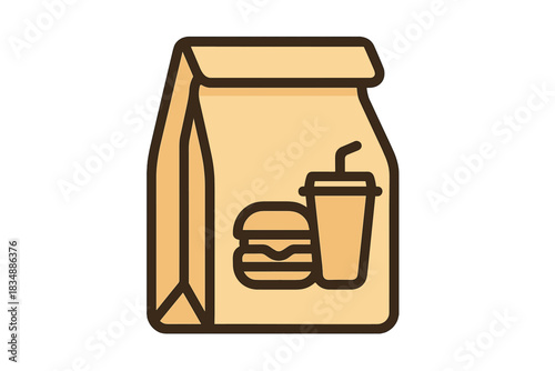 Brown paper bag filled with a hamburger, soda drink, and other fast food items for delivery or takeout