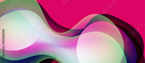 Abstract fluid shapes, vibrant colors blend. Pink background contrasts with flowing forms, creating dynamic visual effect. Smooth gradients dominate composition.