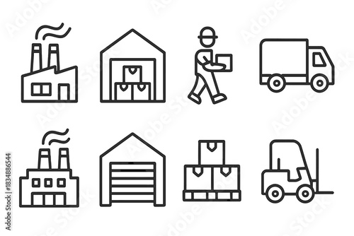 Black line icons representing logistics, manufacturing, warehouse, and delivery