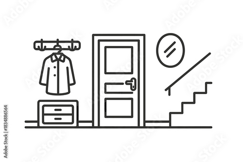 Interior view of a residential entryway featuring a door, coat rack, cabinet, and stairs