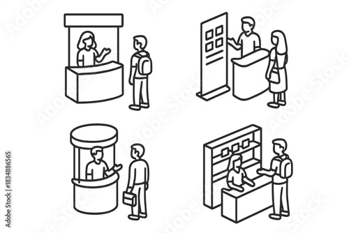 People interacting at exhibition booths and information counters during events