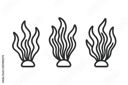 Minimalist black outline icons of underwater seaweed or kelp plants for ocean environment design