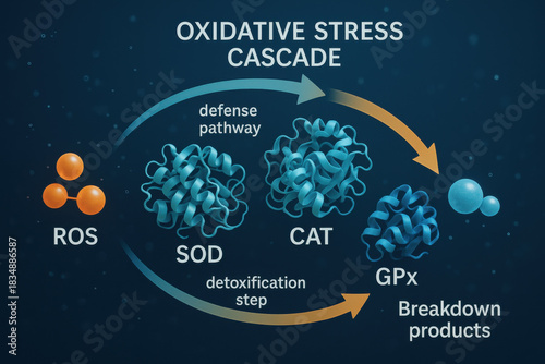 Science visualization of oxidative stress cascade shows an antioxidant enzyme defense pathway. Reactive oxygen species ROS get neutralized in crucial protective process