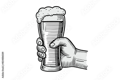 Human hand gripping a full pint glass of frothy beer beverage in retro woodcut