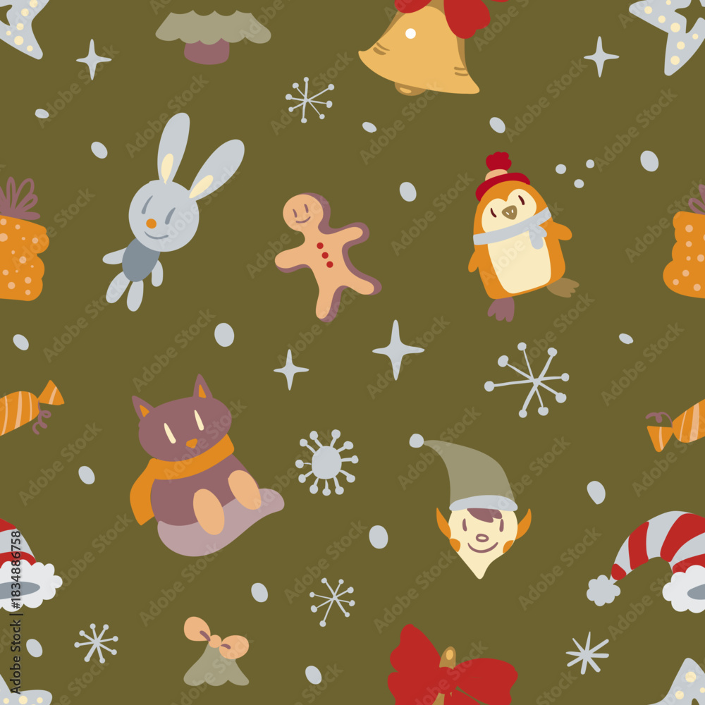 Fototapeta premium Adorable seamless Christmas doodle pattern with cute festive icons and cozy holiday vibes. Perfect for gift wrap, textiles, greeting cards, and joyful seasonal decor.