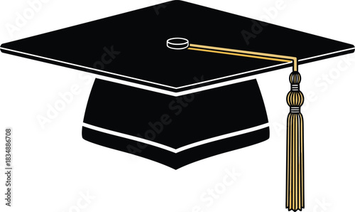 Black graduation cap with gold tassel isolated on a white background.