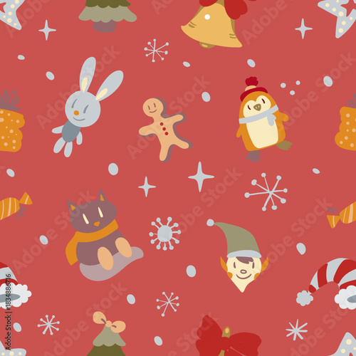 Adorable seamless Christmas doodle pattern with cute festive icons and cozy holiday vibes. Perfect for gift wrap, textiles, greeting cards, and joyful seasonal decor.