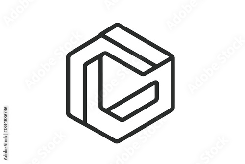 Abstract geometric cube shape with internal play button or letter C symbol