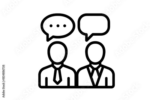 Two professional figures engaged in conversation with blank and dotted speech bubbles