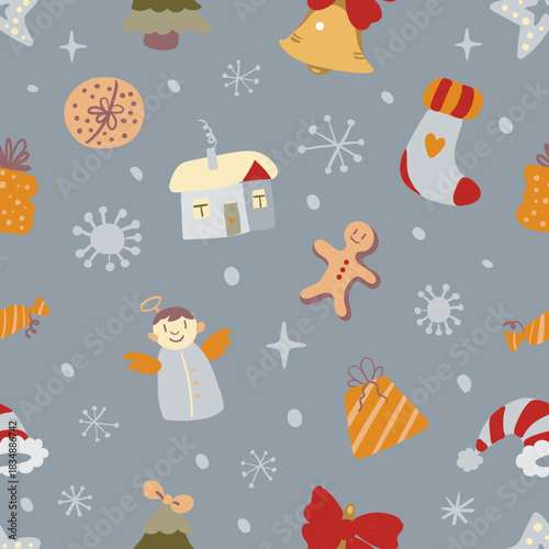 Adorable seamless Christmas doodle pattern with cute festive icons and cozy holiday vibes. Perfect for gift wrap, textiles, greeting cards, and joyful seasonal decor.