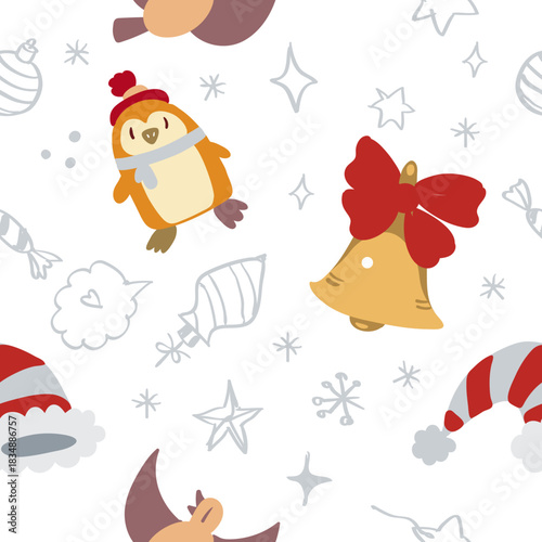 Adorable seamless Christmas doodle pattern with cute festive icons and cozy holiday vibes. Perfect for gift wrap, textiles, greeting cards, and joyful seasonal decor.