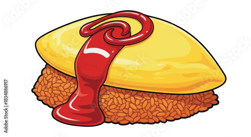 Japanese Omu Rice with Bright Yellow Omelette and Ketchup Drizzle